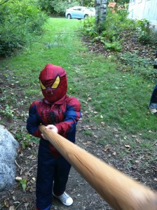 Spiderman demonstrates the "chicken stick"/ignores my pleas to stop poking me with said chickenstick.